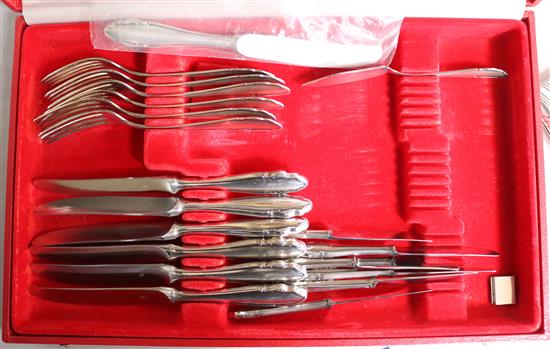 A cased set of WMF 800 white metal cutlery for six and one other case of similar WMF plated cutlery, with silver handled knives.